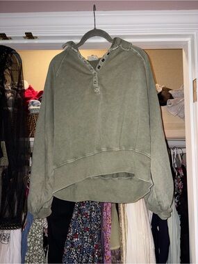Peach Love California Olive Green Hooded Henley Sweatshirt
